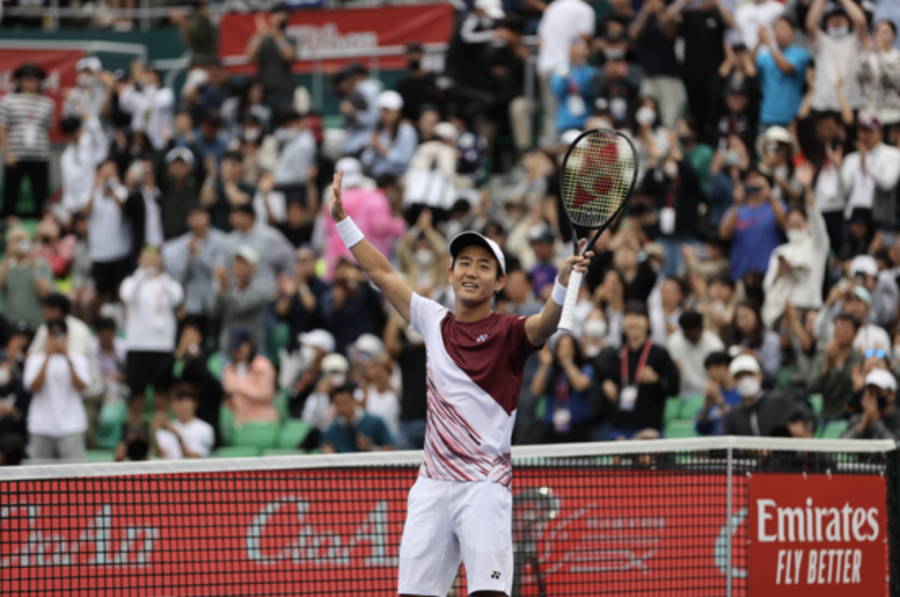 THOMAS KONG / YONAP /
Yoshihito Nishioka, Japan, celebrates his win against Denis Shapovalov, Canada, in the finals of the 2022 Korea Open.